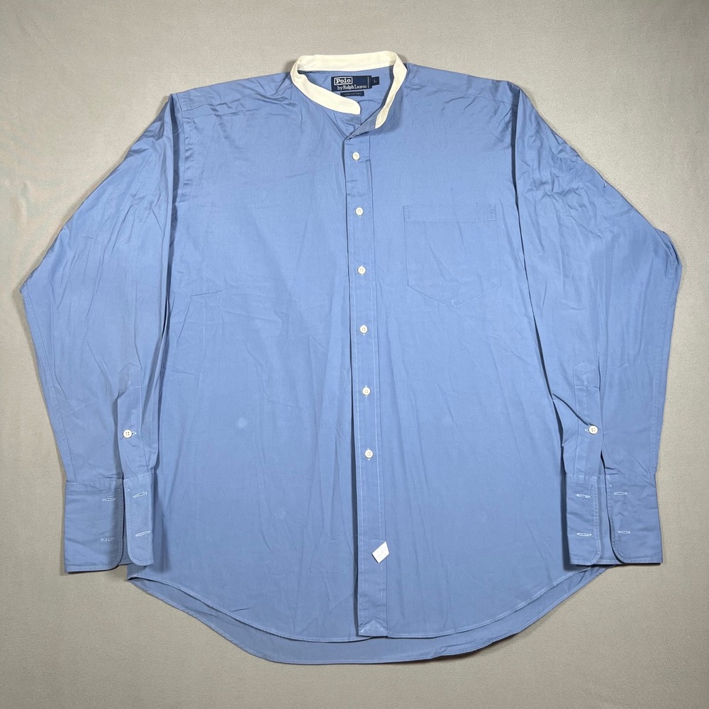 Vintage Polo Ralph Lauren Mens Blue Contrast Band Collar French Cuff Shirt L